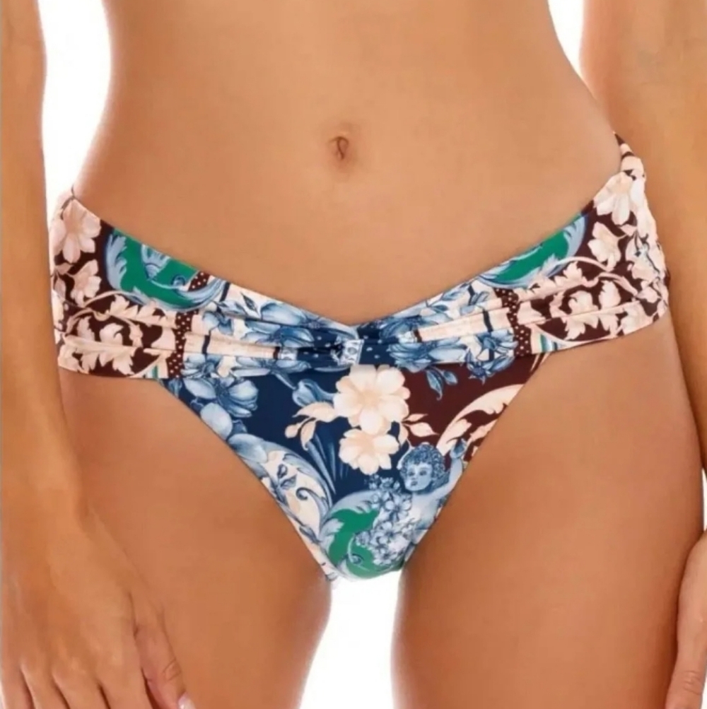 NWT Agua Bendita Lana Cardumen Pink Blue Knot Front Bikini Bottom Size XL